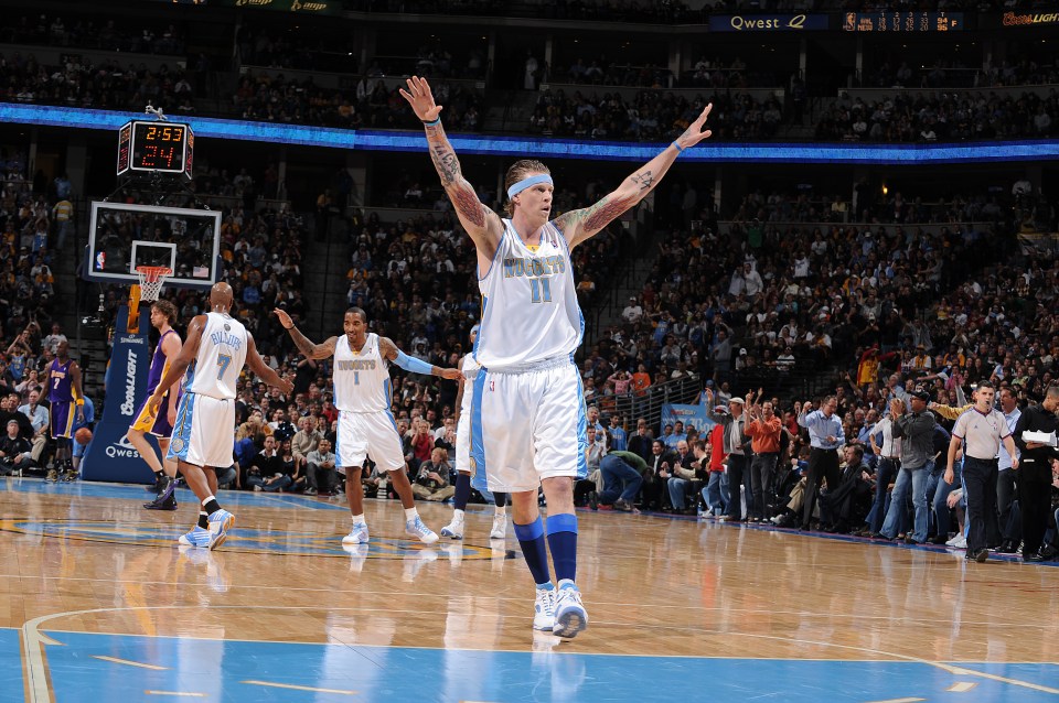 DENVER - FEBRUARY 27: Chris Andersen #11 of the Denver Nuggets celebrates a play against the Los Angeles Lakers on February 27, 2009 at the Pepsi Center in Denver, Colorado. NOTE TO USER: User expressly acknowledges and agrees that, by downloading and/or using this Photograph, user is consenting to the terms and conditions of the Getty Images License Agreement. Mandatory Copyright Notice: Copyright 2009 NBAE (Photo by Garrett W. Ellwood/NBAE via Getty Images)