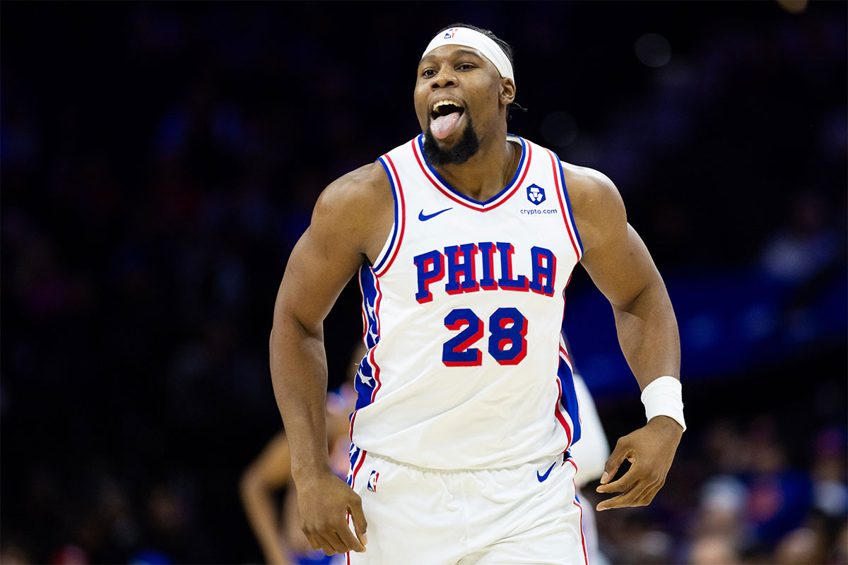 Philadelphia 76ers forward Guerschon Yabusele (28) reacts after missing a shot against the New York Knicks during the first quarter at Wells Fargo Center.