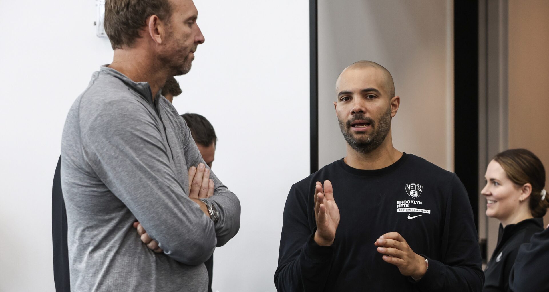 Brooklyn Nets general manager Sean Marks and head coach Jordi Fernandez