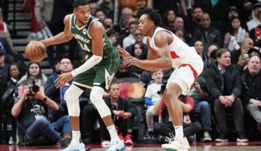 Milwaukee Bucks trade candidate Giannis Antetokounmpo guarded by Toronto Raptors forward Scottie Barnes