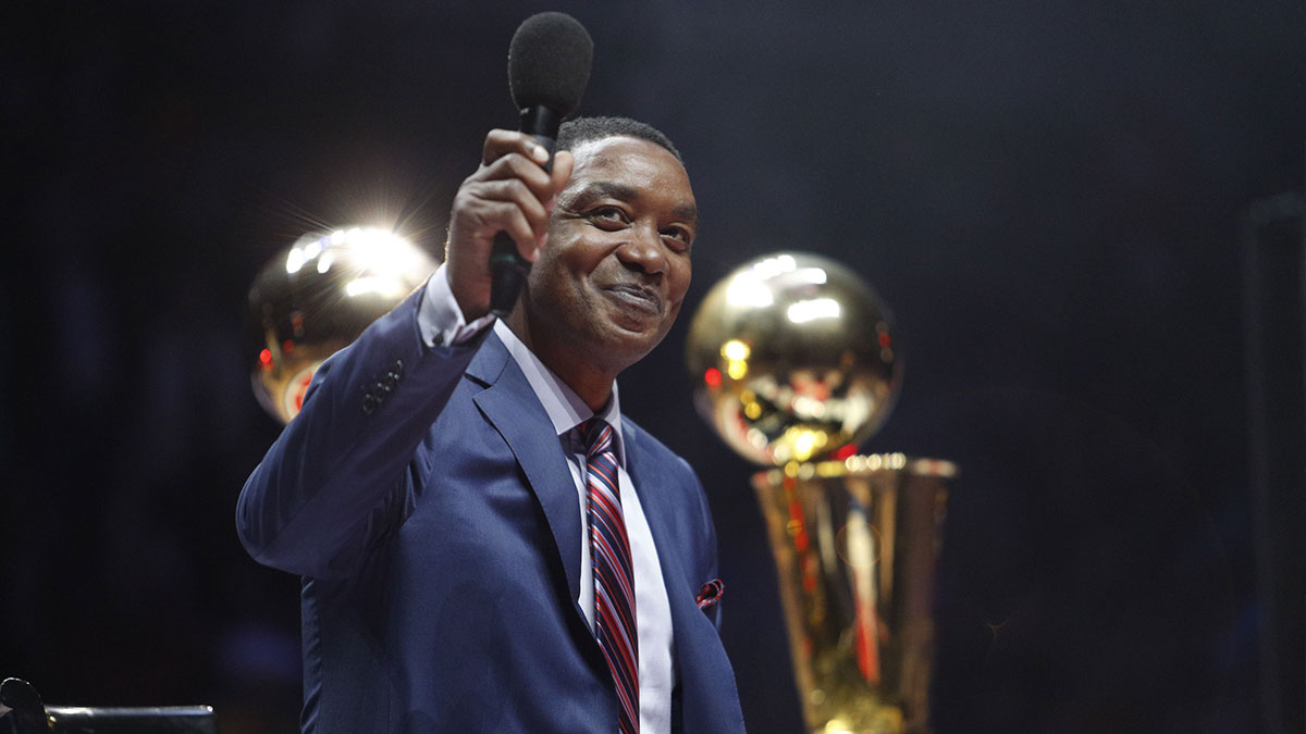 Detroit Pistons former player Isiah Thomas is honored during halftime of the game between the Detroit Pistons and the Los Angeles Lakers at The Palace of Auburn Hills.