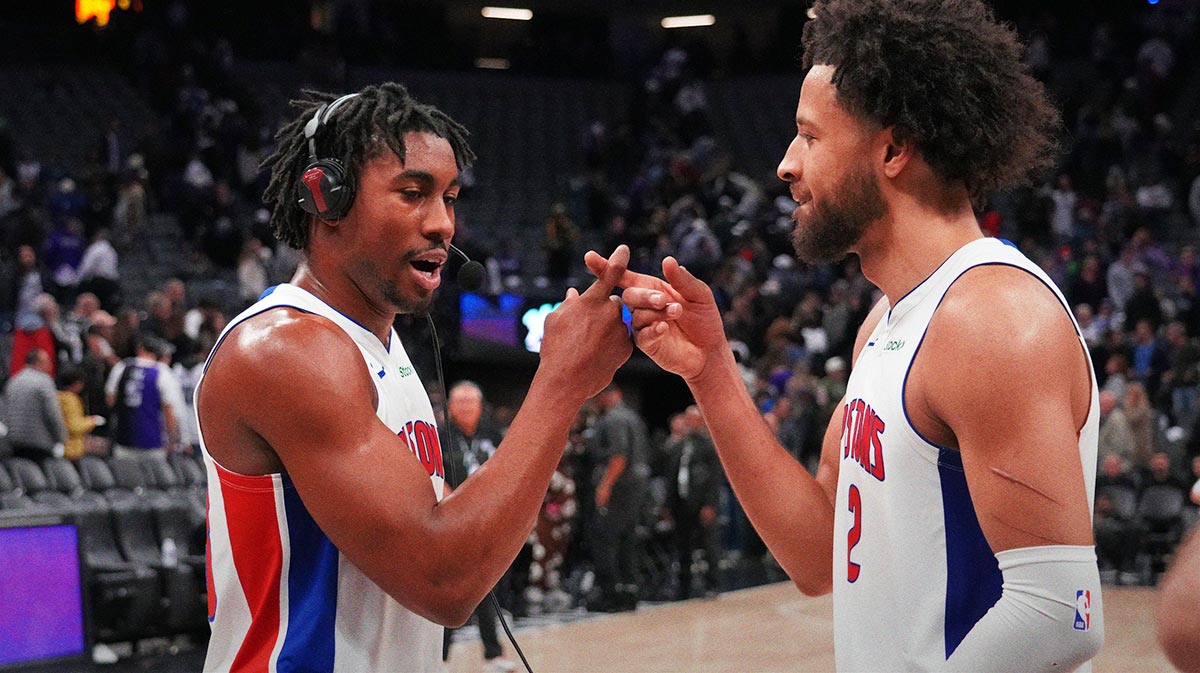 Detroit Pistons guard Jaden Ivey (23) and guard Cade Cunningham (2) celebrate after the win against the Sacramento Kings at Golden 1 Center.
