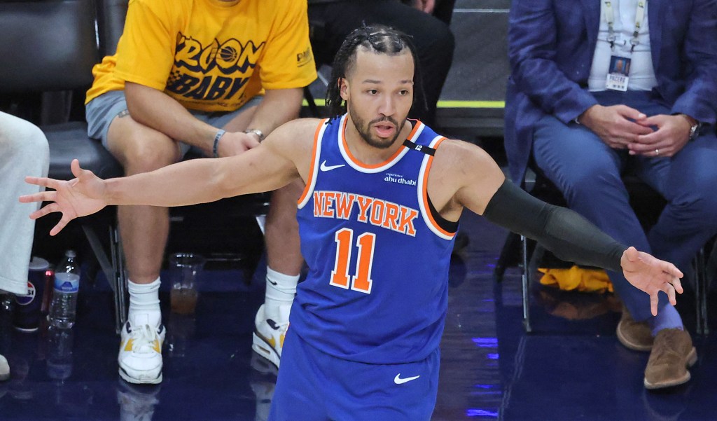 Jalen Brunson gives a questioning reaction during the Knicks' 130-121 Game 4 loss to the  Pacers on May 27, 2025.