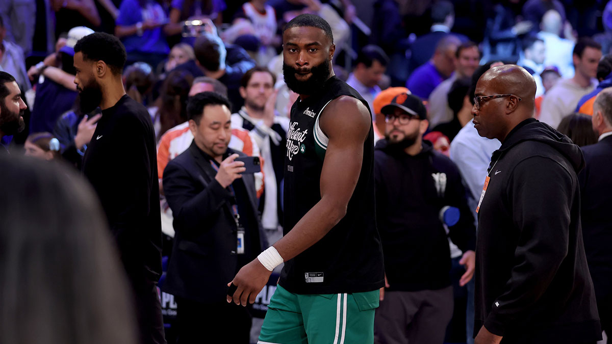 Boston Celtics guard Jaylen Brown (7) walks off the court after losing to the New York Knicks in game six in the second round of the 2025 NBA Playoffs at Madison Square Garden.