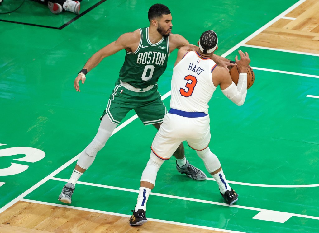 Jayson Tatum defends Josh Hart during the Knicks' Game 2 comeback win over the Celtics.