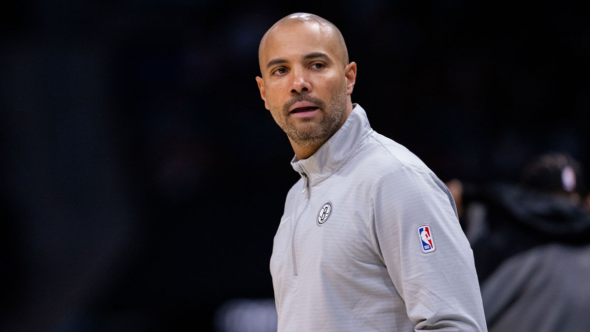 Mar 8, 2025; Charlotte, North Carolina, USA; Brooklyn Nets head coach Jordi Fernandez loos on during the first quarter against the Charlotte Hornets at Spectrum Center. Mandatory Credit: Scott Kinser-Imagn Images