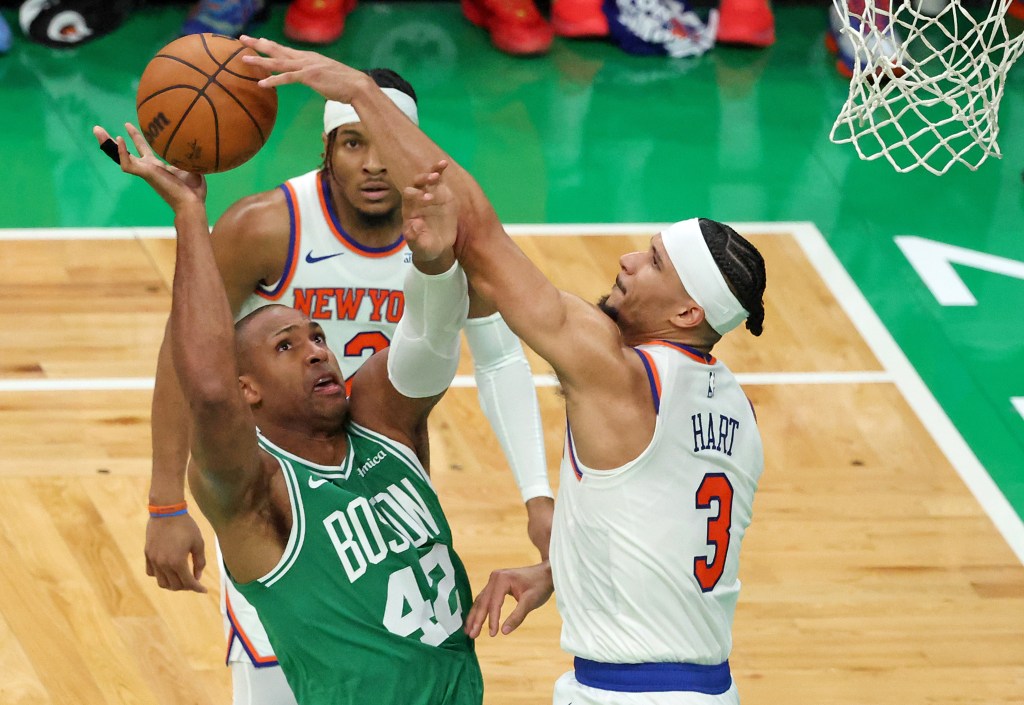 Josh Hart blocks Al Horford's shot in the fourth quarter of the Knicks' 91-90 Game 2 comeback win over the Celtics on May 7, 2025.