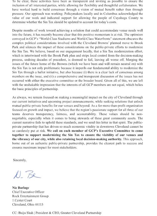 Cavs letter regarding Browns move