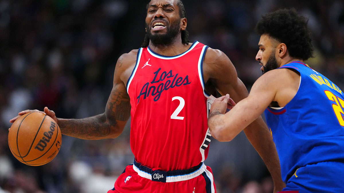 LA Clippers forward Kawhi Leonard (2) and Denver Nuggets guard Jamal Murray (27) in the first quarter during game seven of first round for the 2025 NBA Playoffs at Ball Arena.