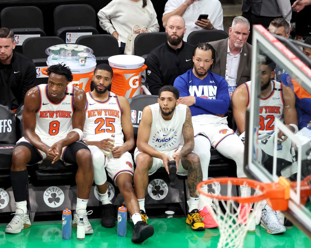 The Knicks starters, looking on dejectedly after their Game 5 loss to the Celtics. have struggled as a unit throughout these playoffs.