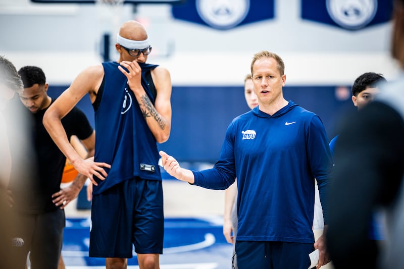 BYU head coach Kevin Young coaches during the first day of spring practice, May 5, 2025, a the Marriott Center Annex.