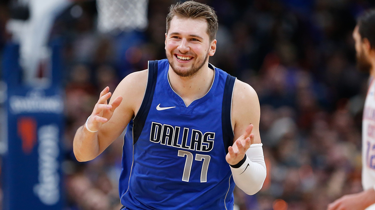 Dallas Mavericks forward Luka Doncic (77) smiles during the second half against the Oklahoma City Thunder at Chesapeake Energy Arena. Oklahoma City won 106-101.