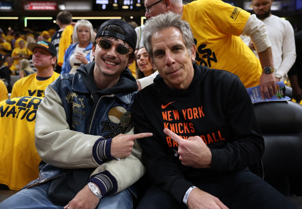 Timothée Chalamet and Ben Stiller pose for a portrait prior to game four of the eastern conference finals between the Indiana Pacers and the New York Knicks for the 2025 NBA Playoffs at Gainbridge Fieldhouse.