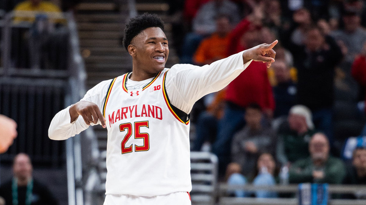 Maryland Terrapins center Derik Queen (25) celebrates a made basket in the second half against the Michigan Wolverines at Gainbridge Fieldhouse.