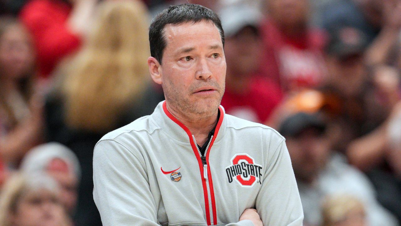 Ohio State head coach Kevin McGuff reacts during a second round college basketball game against Tennessee in the NCAA Tournament, March 23, 2025, in Columbus, Ohio.