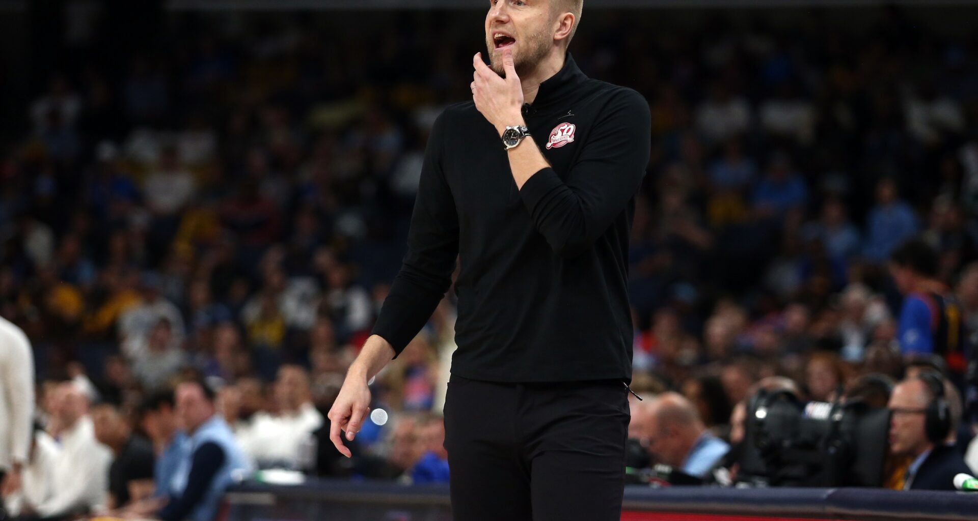 Memphis Grizzlies interim head coach Tuomas Iisalo reacts during the fourth quarter against the Oklahoma City Thunder during game four for the first round of the 2024 NBA Playoffs at FedExForum.