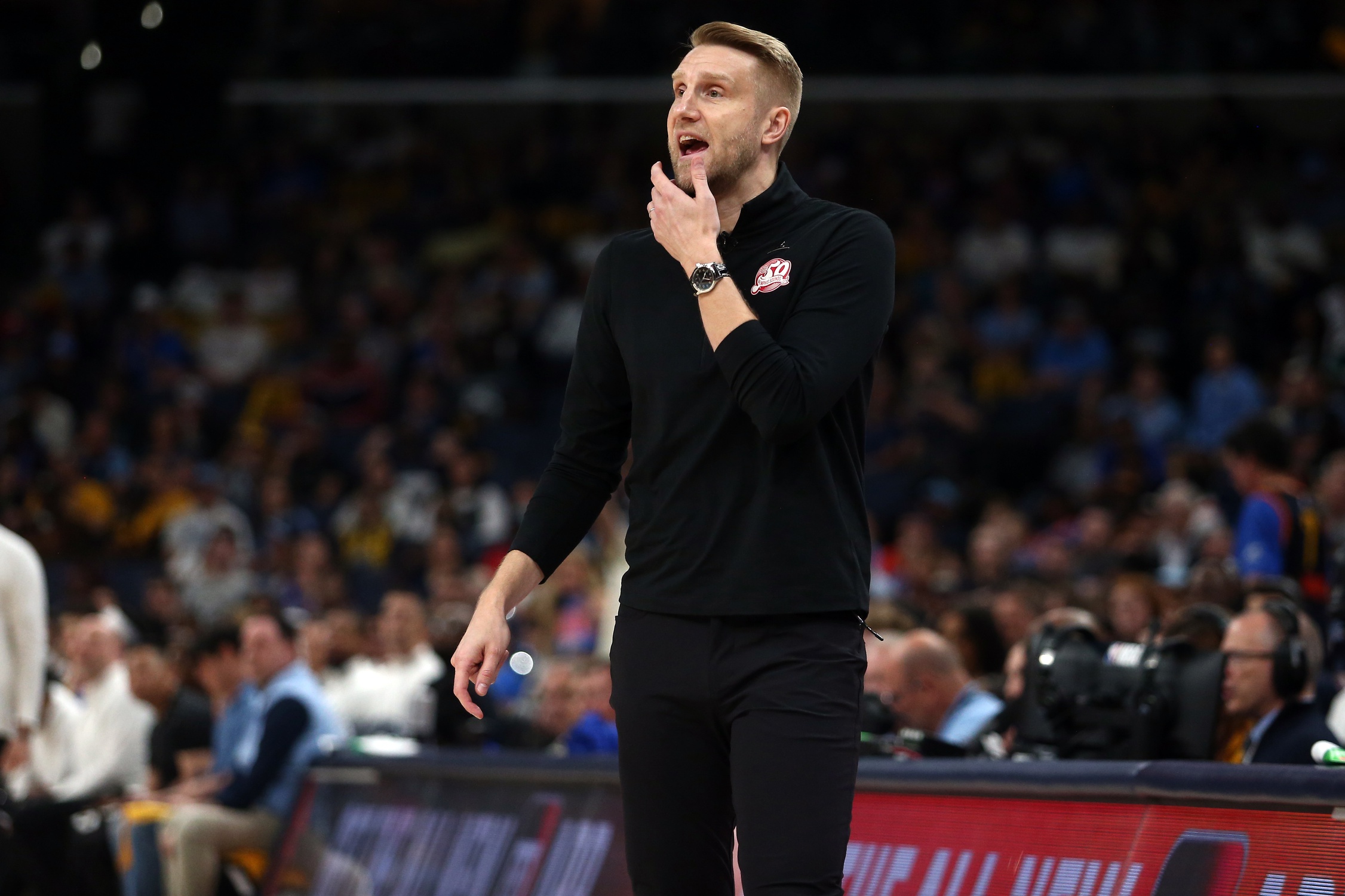 Memphis Grizzlies interim head coach Tuomas Iisalo reacts during the fourth quarter against the Oklahoma City Thunder during game four for the first round of the 2024 NBA Playoffs at FedExForum.