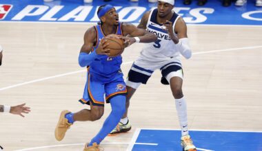 Oklahoma City Thunder guard Shai Gilgeous-Alexander (2) drives against Minnesota Timberwolves forward Jaden McDaniels (3) in the fourth quarter during game two of the western conference finals for the 2025 NBA Playoffs at Paycom Center.