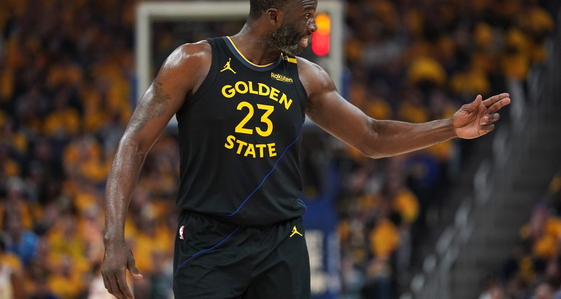 Golden State Warriors forward Draymond Green (23) reacts after a play against the Houston Rockets in the second quarter of game six of the first round for the 2025 NBA Playoffs at Chase Center.