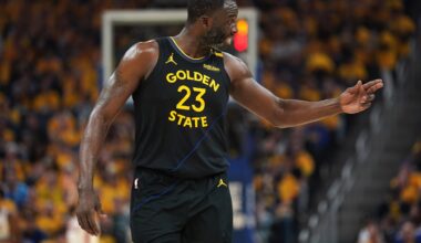 Golden State Warriors forward Draymond Green (23) reacts after a play against the Houston Rockets in the second quarter of game six of the first round for the 2025 NBA Playoffs at Chase Center.