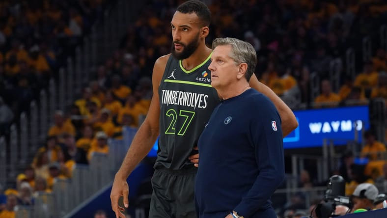 Rudy Gobert, Chris Finch - 2025 NBA Playoffs-Minnesota Timberwolves at Golden State Warriors