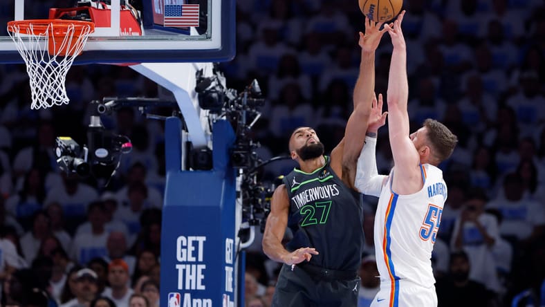Rudy Gobert blocking Isaiah Hartenstein - NBA Playoffs - Minnesota Timberwolves at Oklahoma City Thunder