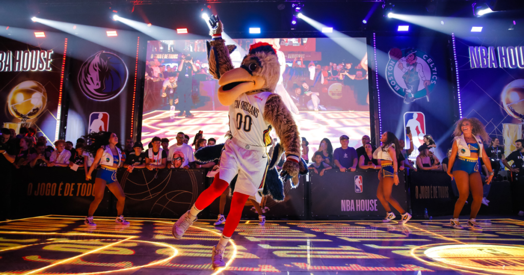 A mascot dancing at NBA House in Sau Paulo, Brazil
