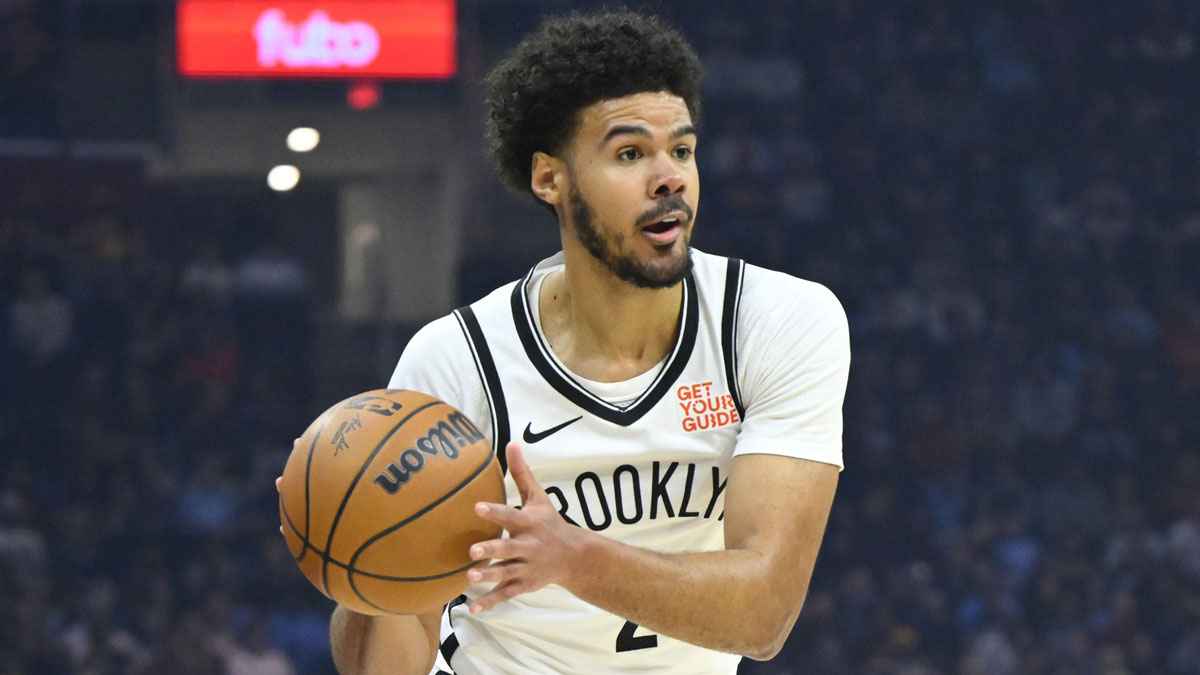 Brooklyn Nets forward Cameron Johnson (2) looks to pass in the first quarter against the Cleveland Cavaliers at Rocket Arena.