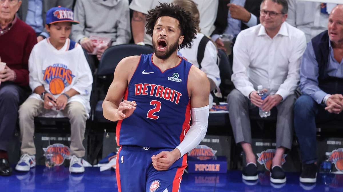 Pistons guard Cade Cunningham (2) celebrates