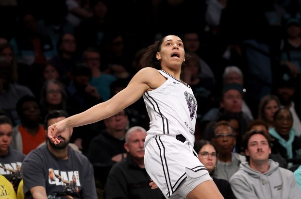 Janelle Salaun #13 of the Golden State Valkyries reacts after her shot in the first half against the New York Liberty at Barclays Center on May 29, 2025 in the Brooklyn borough of New York City. (Photo by Elsa/Getty Images)