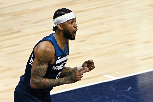 Nickeil Alexander-Walker #9 of the Minnesota Timberwolves reacts after being called for a foul against the Oklahoma City Thunder during the second quarter in Game Four of the Western Conference Finals of the 2025 NBA Playoffs at Target Center on May 26, 2025 in Minneapolis, Minnesota. NOTE TO USER: User expressly acknowledges and agrees that, by downloading and or using this photograph, User is consenting to the terms and conditions of the Getty Images License Agreement. (Photo by Stephen Maturen/Getty Images)