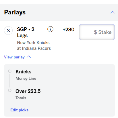 NBA Same Game Parlay for Pacers Knicks