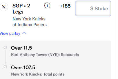 NBA Same Game Parlay Knicks Pacers NBA SGP
