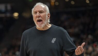 San Antonio Spurs head coach Gregg Popovich reacts after a call by the official, during the second half of an NBA basketball game, Thursday, Oct. 31, 2024, in Salt Lake City. (AP Photo/Rick Egan, File)