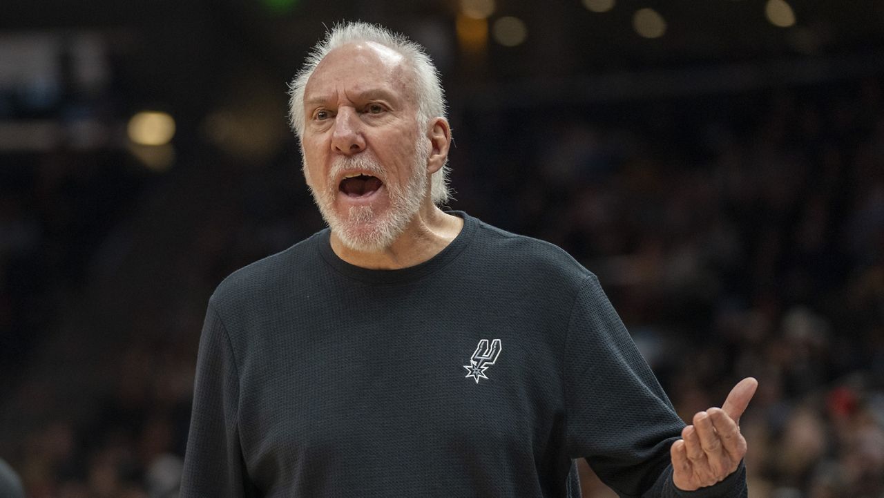 San Antonio Spurs head coach Gregg Popovich reacts after a call by the official, during the second half of an NBA basketball game, Thursday, Oct. 31, 2024, in Salt Lake City. (AP Photo/Rick Egan, File)