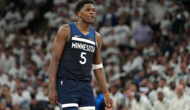 Minnesota Timberwolves guard Anthony Edwards (5) reacts against the Oklahoma City Thunder in the first half during game four of the western conference finals for the 2025 NBA Playoffs at Target Center.