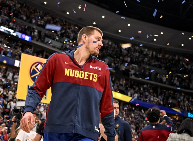 Nikola Jokic (15) of the Denver Nuggets walks off the court after the fourth quarter of the Nuggets' 120-101 series-clinching win over the LA Clippers at Ball Arena in Denver on Saturday, May 3, 2025. The Denver Nuggets defeated the LA Clippers 4-3 in their best-of-seven NBA Playoffs series. (Photo by AAron Ontiveroz/The Denver Post)