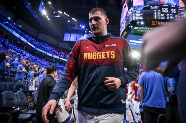Nikola Jokic (15) of the Denver Nuggets walks off the court after the fourth quarter of the Oklahoma City Thunder's 125-93 win at Paycom Center in Oklahoma City on Sunday, May 18, 2025. The Oklahoma City Thunder defeated the Denver Nuggets 4-3 in their best-of-seven Western Conference semifinal series. (Photo by AAron Ontiveroz/The Denver Post)