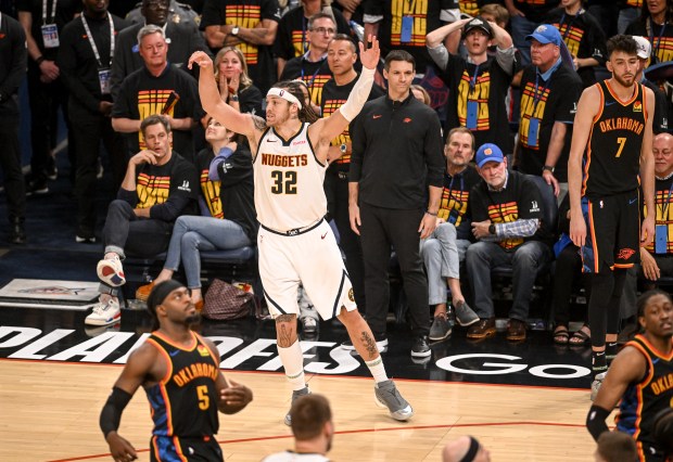 Aaron Gordon (32) of the Denver Nuggets celebrates hitting a game-winning jumper over Chet Holmgren (7) of the Oklahoma City Thunder during the fourth quarter of the Nuggets' 121-119 win at Paycom Center in Oklahoma City, Oklahoma on Monday, May 5, 2025. The Nuggets took a 1-0 Western Conference semifinal lead with their win. (Photo by AAron Ontiveroz/The Denver Post)