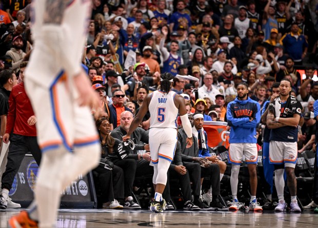 Luguentz Dort (5) of the Oklahoma City Thunder fouls out...