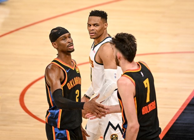 Russell Westbrook (4) of the Denver Nuggets snarls as he...