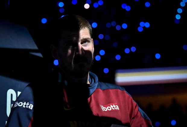 Nikola Jokic (15) of the Denver Nuggets is introduced before...