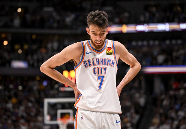 Chet Holmgren (7) of the Oklahoma City Thunder reacts to...