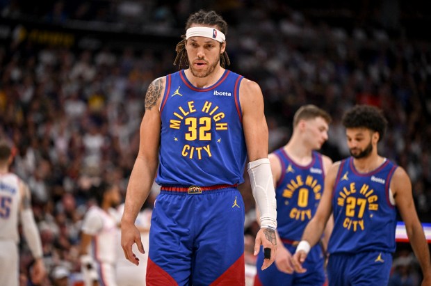 Aaron Gordon (32) of the Denver Nuggets reacts to being...