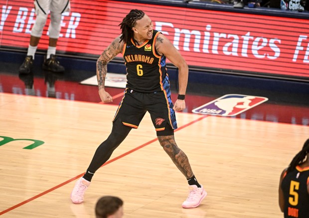 Jaylin Williams (6) of the Oklahoma City Thunder celebrates making...