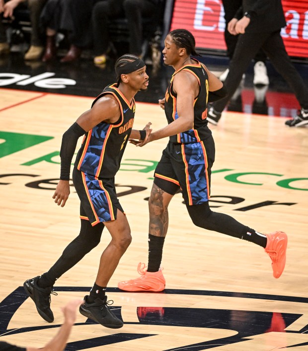 Shai Gilgeous-Alexander (2) and Jalen Williams (8) of the Oklahoma...