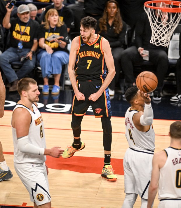 Chet Holmgren (7) of the Oklahoma City Thunder reacts to...