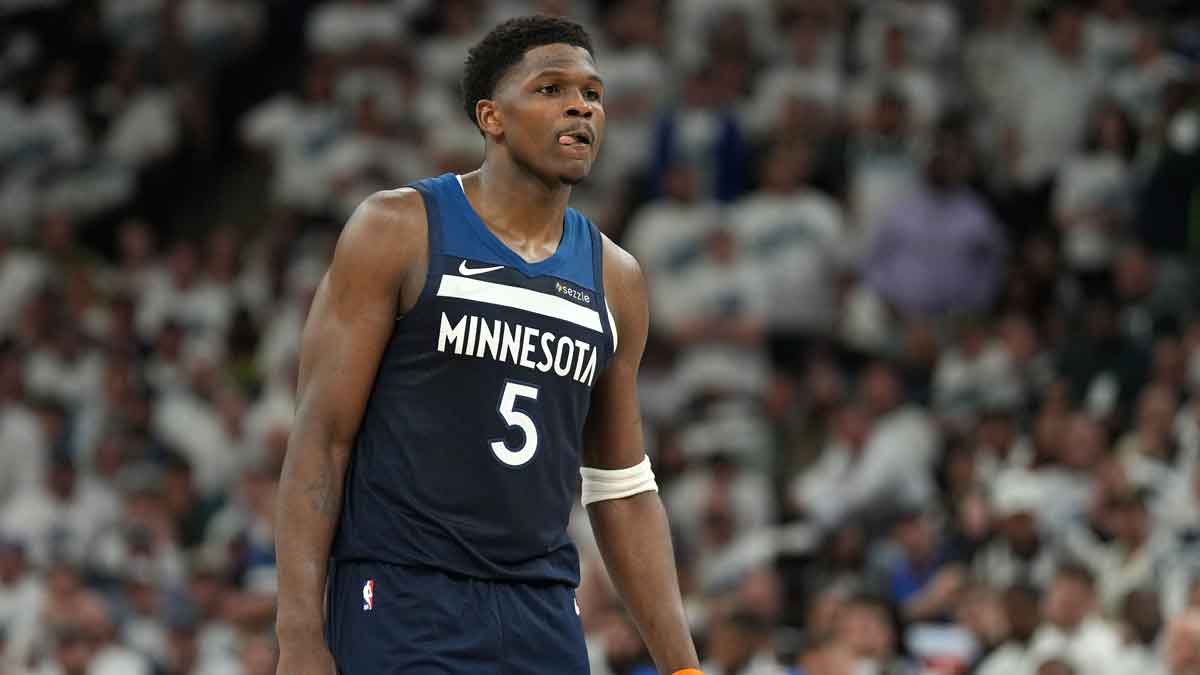 Timberwolves guard Anthony Edwards (5) reacts against the Oklahoma City Thunder in the first half during game four of the western conference finals for the 2025 NBA Playoffs at Target Center