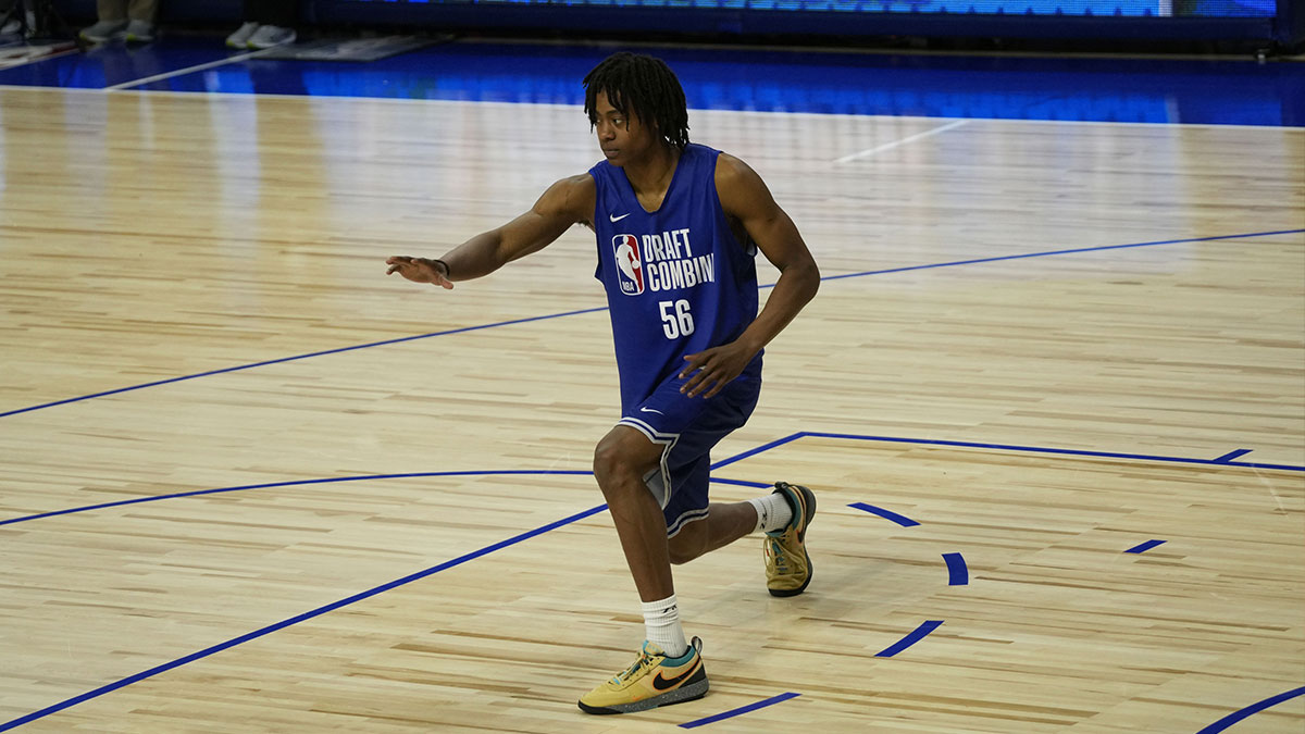 re Johnson (56) participates in the 2025 NBA Draft Combine at Wintrust Arena.