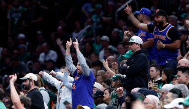New York Knicks fans celebrated during the first quarter of Game 5 of the NBA Eastern Conference Semifinals against the Boston Celtics at TD Garden on May 14.